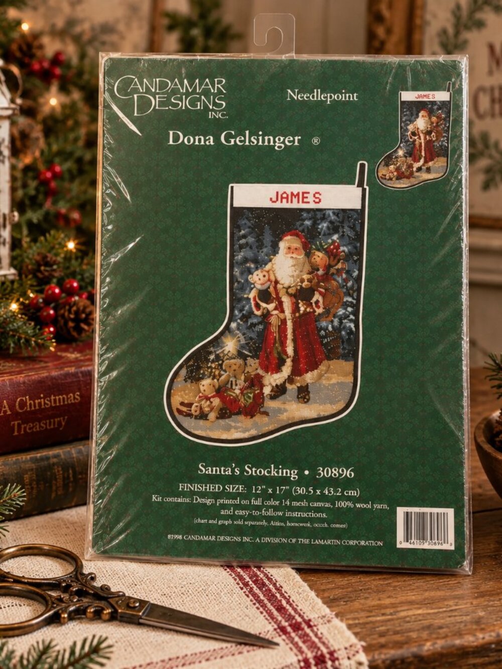 Vintage 1999 Candamar Donna Gelsinger Santa Needlepoint Stocking Kit 30896